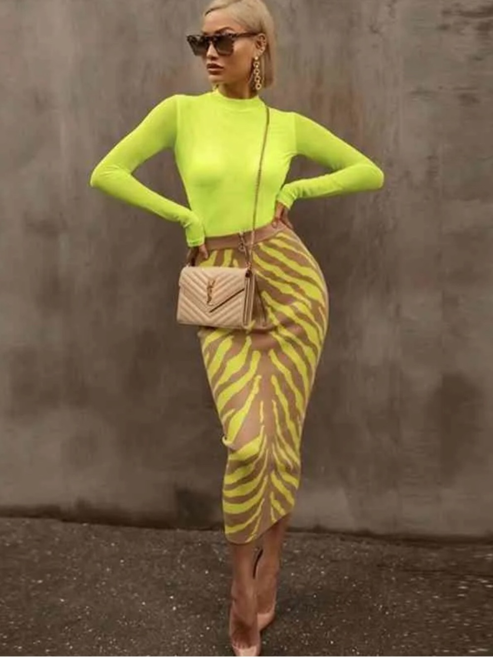 Neon Lime Zebra-Print Midi Skirt